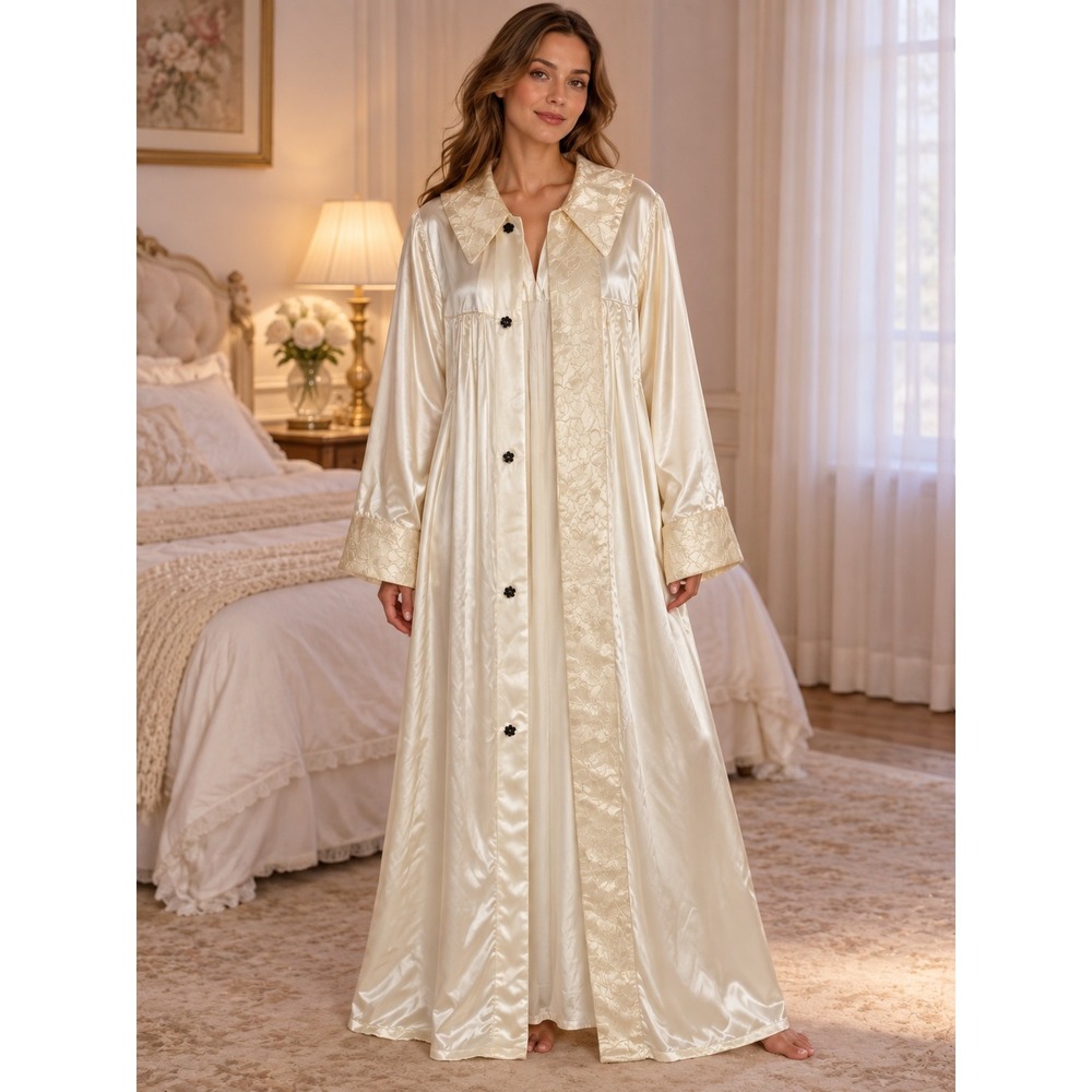 Duchess Satin Look Button Front Sleep Coat Floral Jacquard Romantic Boudoir
